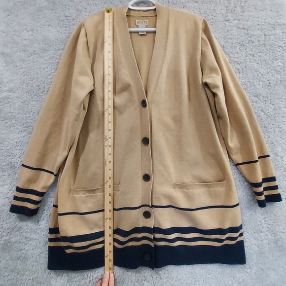 Duluth Trading Longline Cardigan Womens 1X Tan Navy Striped Open Front Preppy - Picture 7 of 13
